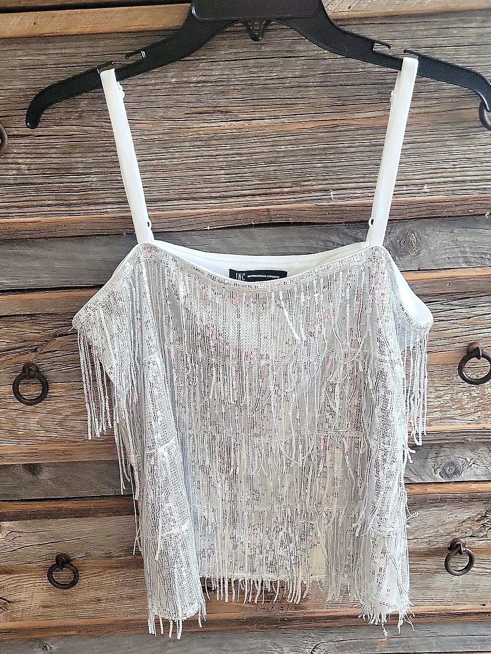 INC International Concepts Sequin Fringe Camisole in Silver Size Medium
